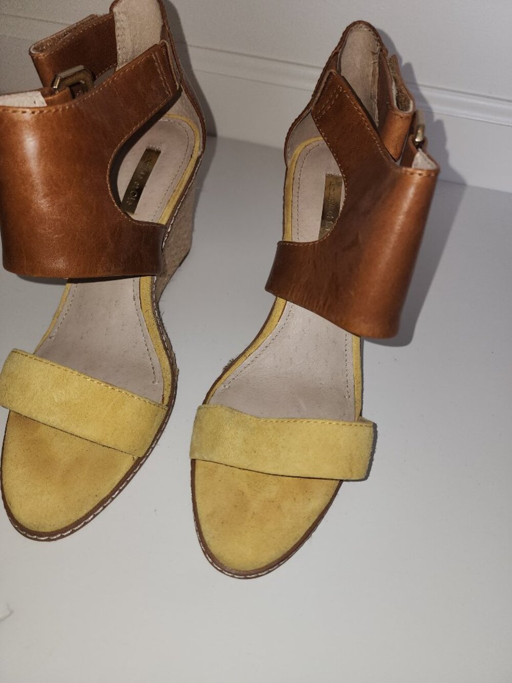 Vince Camuto Yellow Suede and Leather Wedge Size 9 - Picture 2 of 6